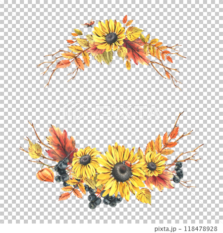 Autumn berries physalis, chokeberry, rowan leaves, maple, birch, rudbeckia flowers, tree branches and ladybugs. Watercolor illustrations. Round frame wreath isolated from background Autumn berries physalis, chokeberry, rowan leaves, maple, birch, rudbeckia flowers, tree branches and ladybugs. Watercolor illustrations. Round frame wreath isolated from background 118478928