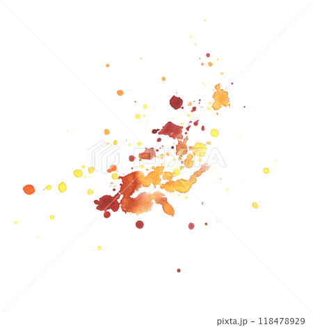 Watercolor paint spots and splashes, chaotic, beautiful, dynamic yellow, orange and burgundy colors, in autumn colors. Watercolor illustration, hand-drawn. A object isolated from the background. Watercolor paint spots and splashes, chaotic, beautiful, dynamic yellow, orange and burgundy colors, in autumn colors. Watercolor illustration, hand-drawn. A object isolated from the background. 118478929