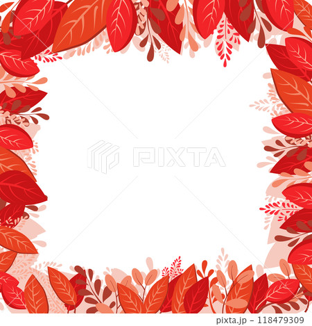 Vector isolated square frame of red dry autumn leaves. Border for text. Flat clipart for design 118479309