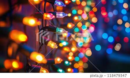 Colorful holiday lights create a cheerful ambiance on a winter evening backdrop 118479347