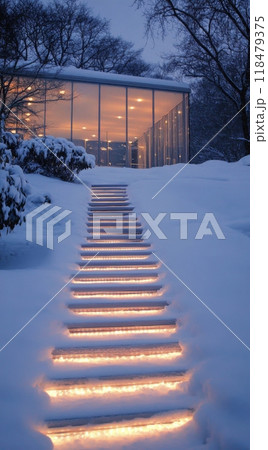 A beautifully lit modern building nestled in snow-covered trees on a winter evening 118479375