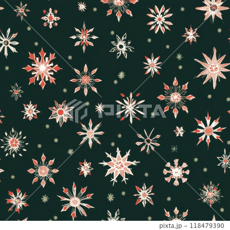 Colorful snowflakes create a festive pattern on a dark green background perfect for winter decor 118479390