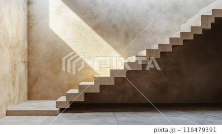 Modern staircase in minimalist interior design illuminated by natural light during daytime 118479391