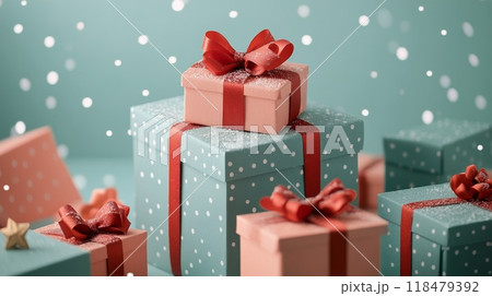 Beautifully wrapped gifts with gold accents and festive decorations on a dark surface 118479392