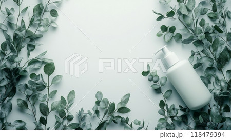 Natural skincare product surrounded by fresh green leaves on a soft background 118479394