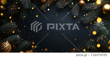 Festive holiday decorations with sparkling lights and pine branches arranged on a dark background 118479395
