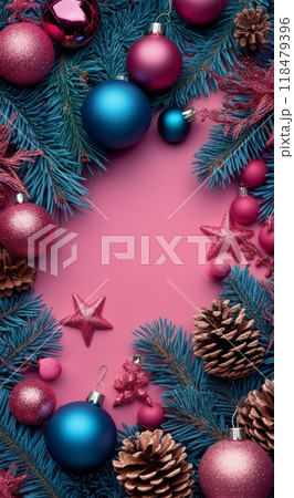 Festive holiday decorations with pink and blue backdrop featuring ornaments and pinecones 118479396