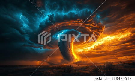 Dramatic tornado forms over golden fields at sunset amidst lightning and dark clouds 118479518