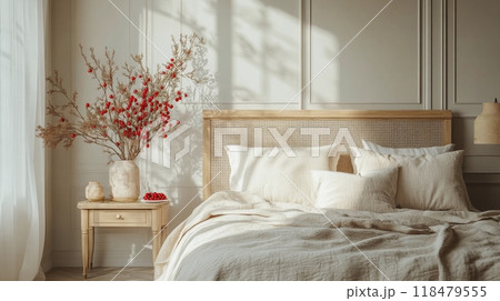 Cozy bedroom featuring warm colors and decorative elements for a relaxing atmosphere 118479555