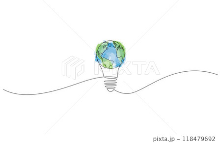 Earth globe inside lightbulb one continuous line drawing. Eco innovation or green energy concept drawn in simple doodle style. Vector illustration with editable stroke. 118479692