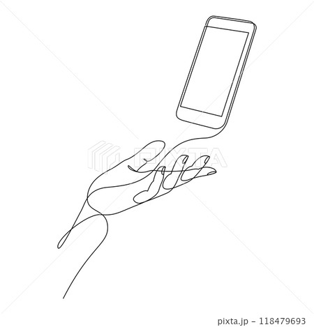 Continuous one line drawing of human hand holding smartphone. Mobile phone on palm hand. Cellular phone vector illustration with editable stroke. 118479693