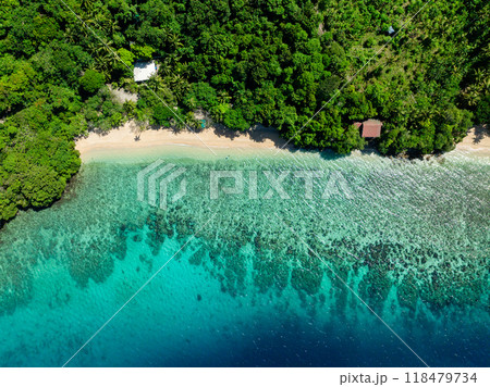 Sun reflection over greenish water with corals in Talipasak Beach Resort. Romblon, Romblon. Philippines. 118479734