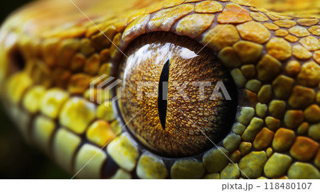 Snake eye green wildlife nature photography. Open eye carnivore fur. Dangerous predator animal tropical jungle forest hunter close up photo 118480107
