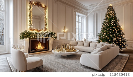 Elegant winter living room with a cozy fireplace and a beautifully decorated Christmas tree 118480418