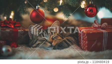 A sleepy cat rests under a decorated Christmas tree with wrapped gifts around 118480419
