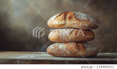 Freshly baked artisan bread loaves stacked neatly on a rustic wooden surface 118480421