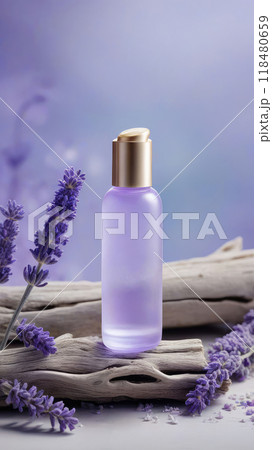 Mock up the collagen hydrating serum or any beauty product  in glass bottle from natural ingredients standing on driftwood surrounded lavender blossoms. Mock up the collagen hydrating serum or any beauty product  in glass bottle from natural ingredients standing on driftwood surrounded lavender blossoms. 118480659