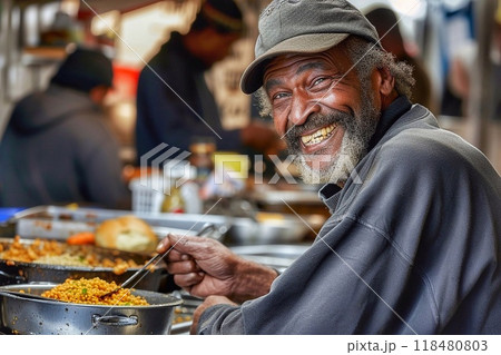 Portrait of positive senior homeless man sitting in cafe shelter 118480803
