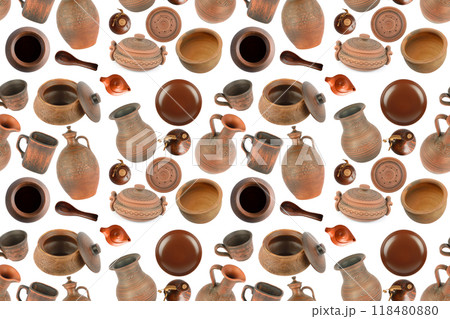 Various clay dishes from different angles isolated on white. Seamless pattern. Various clay dishes from different angles isolated on white. Seamless pattern. 118480880
