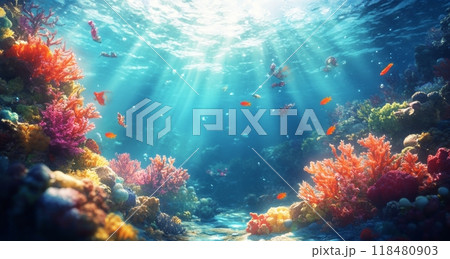 Colorful coral reef teeming with marine life illuminated by sunlight underwater 118480903