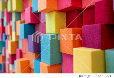 Colorful arrangement of foam blocks in a creative workspace designed for artistic activities Colorful arrangement of foam blocks in a creative workspace designed for artistic activities 118480904