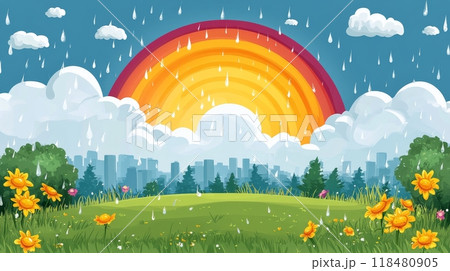 Stunning view of fluffy white clouds illuminated by the golden light of sunset over the horizon 118480905