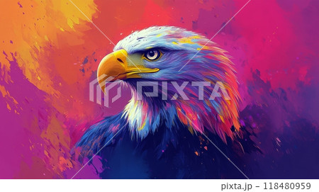 Majestic bald eagle perched against a vibrant, colorful background exhibiting strength and grace 118480959