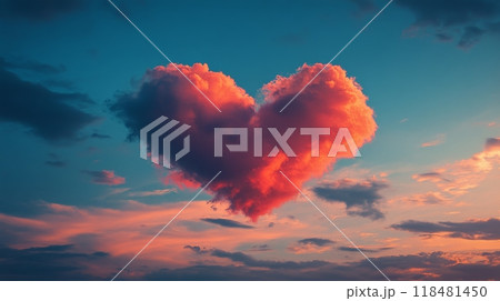 A heart-shaped cloud illuminated by a sunset sky over a tranquil landscape in the evening 118481450