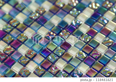 Geometric blue, purple and green mosaic tiles pattern. Wallpaper texture background. Small pieces tiles for construction and renovation works, decorative material for cowering walls and floor. 118481821