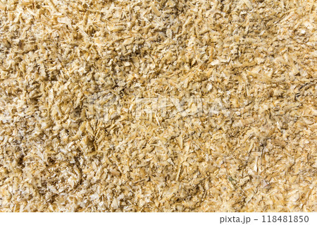 Light soft yellow brown natural bark wooden chips, recycled material surface. Wallpaper, design and background. 118481850