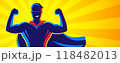 Superhero poses confidently against a shiny background in flat style 118482013