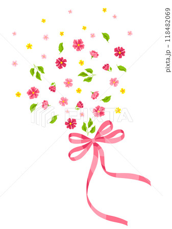 Ribbon with bow and flowers. Beautiful decorative natural plants and leaves. Ribbon with bow and flowers. Beautiful decorative natural plants and leaves. 118482069