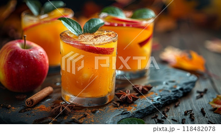 Autumn or fall season. Apple cider cocktail with cinnamon and apple traditional autumn and winter drink 118482078