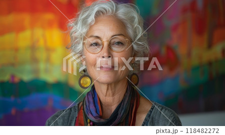 Pride Month . A portrait of a prominent LGBTQIA figure who has made significant contributions to the community, their legacy and impact evident in their expression. 118482272