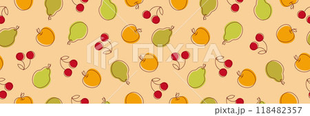 Fruit pattern. Seamless pattern with cherries, apples, pears. Colorful pattern. Vector 118482357