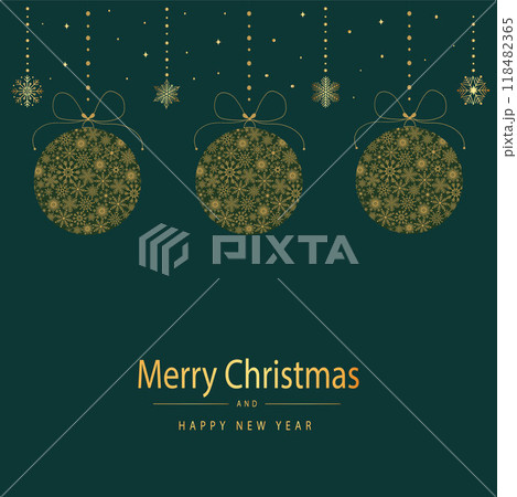 Festive Christmas card with Christmas balls made of snowflakes. Merry Christmas and Happy New Year greeting card. Festive Christmas card with Christmas balls made of snowflakes. Merry Christmas and Happy New Year greeting card. 118482365