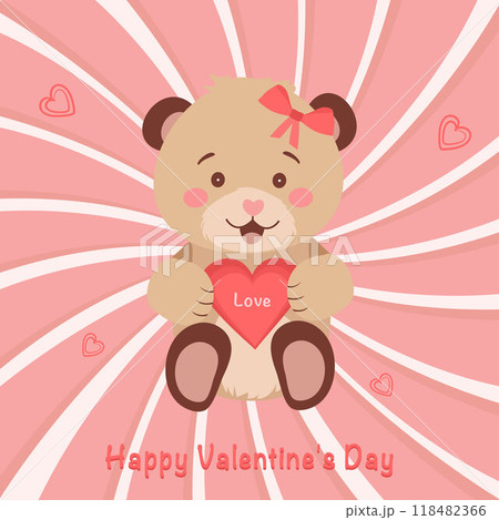 Cute teddy bear holding a heart in his paws. Drawing for Valentine's Day, Teddy Bear Day. Vector illustration. Vector. Vector illustration 118482366