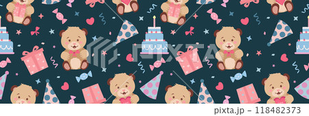 Seamless pattern birthday. Cute bear, candies, gifts, cake. Vector illustration Seamless pattern birthday. Cute bear, candies, gifts, cake. Vector illustration 118482373
