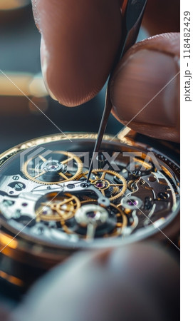 Close-up of a skilled watchmaker repairing the intricate parts of a luxury mechanical watch. 118482429