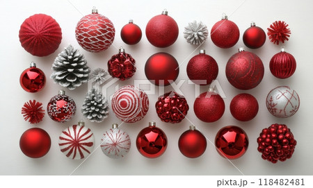 Colorful Christmas ornaments arranged neatly in a festive display for holiday decoration 118482481