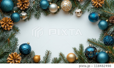 Decorative Christmas ornaments and pine branches arranged for festive holiday celebration 118482498