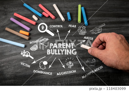 PARENT BULLYING. Black scratched textured chalkboard background PARENT BULLYING. Black scratched textured chalkboard background 118483099