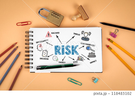 RISK Concept. Notepad and office supplies on a light background 118483102