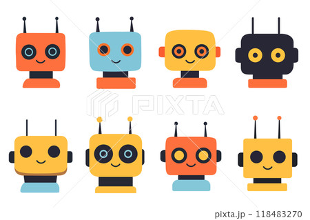 Set of minimalist cute robot heads, made of simple rectangles, vector set isolated on white 118483270