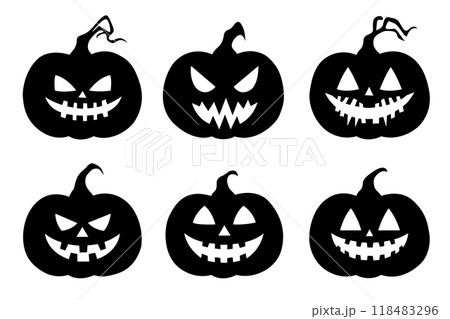 Black silhouette of cute jack o lantern vector set isolated on white 118483296
