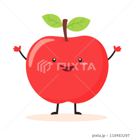Apple with arms and legs and a smiling face, flat design, vector image in children's book style isolated on white Apple with arms and legs and a smiling face, flat design, vector image in children's book style isolated on white 118483297