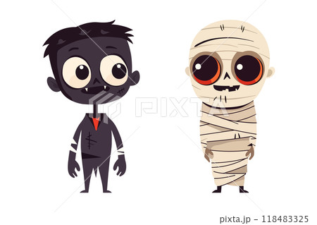 A vampire and a mummy, front view, cute simple drawing style, flat design, simple, minimalist, vector illustration isolated on white background A vampire and a mummy, front view, cute simple drawing style, flat design, simple, minimalist, vector illustration isolated on white background 118483325