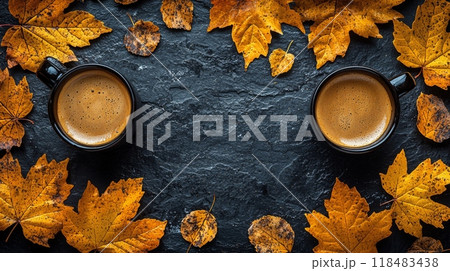Two cups of coffee surrounded by autumnal leaves on slate background 118483438