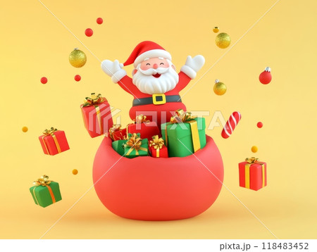 Santa claus jumping out of a christmas bag full...のイラスト素材 [118483452 ...