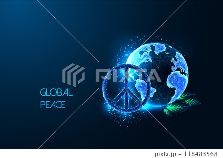 Global peace futuristic concept with peace symbol over planet Earth on dark blue background. Global peace futuristic concept with peace symbol over planet Earth on dark blue background. 118483568